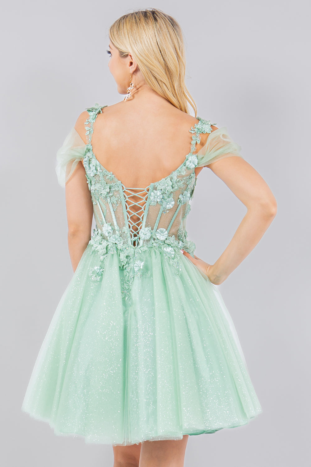3D Flowers Shoulder Strap Short Party Dress by Cinderella Couture USA AS5134J