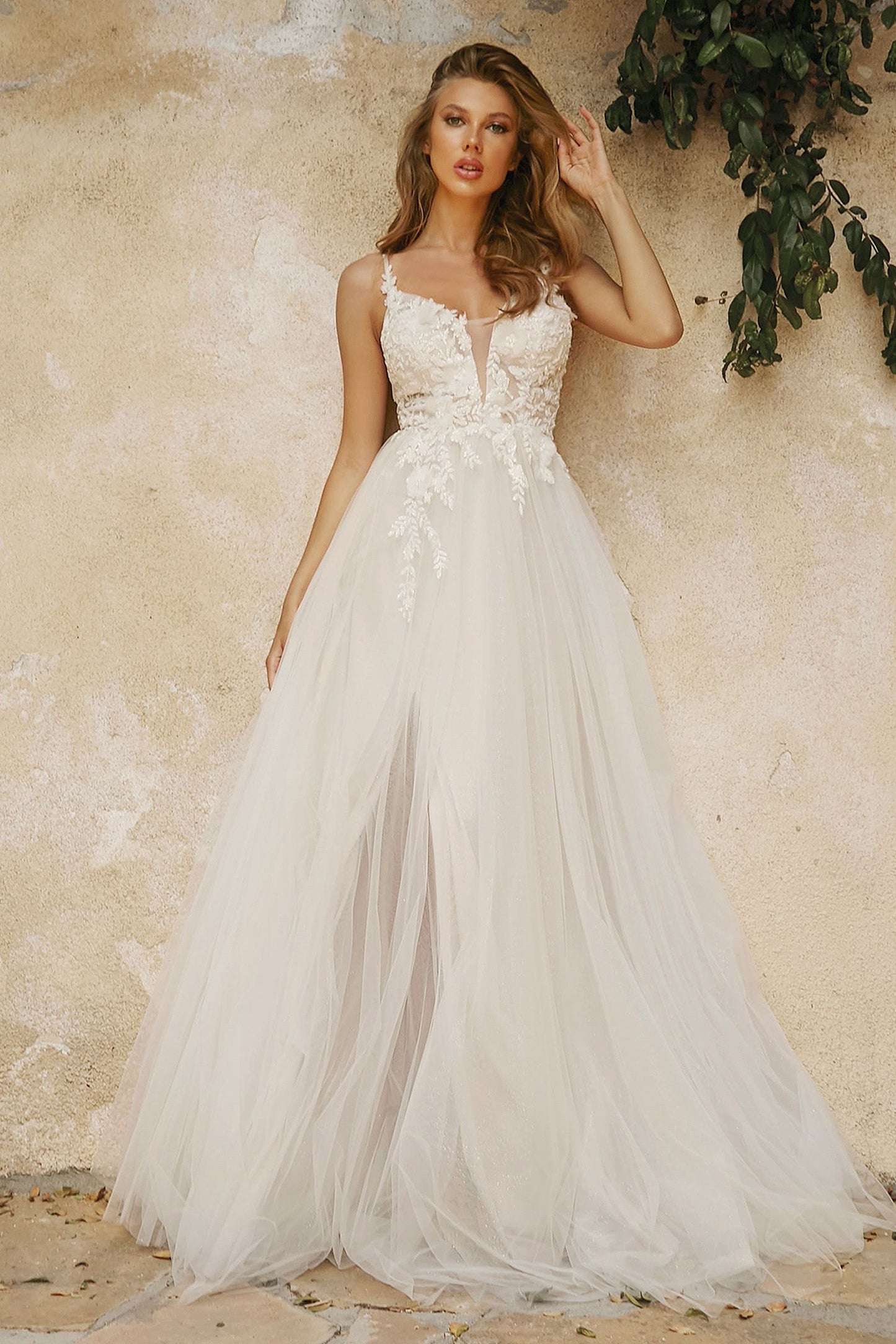 Floral Glitter Lace Bodice A-Line Gown by Cinderella Divine - CB072W