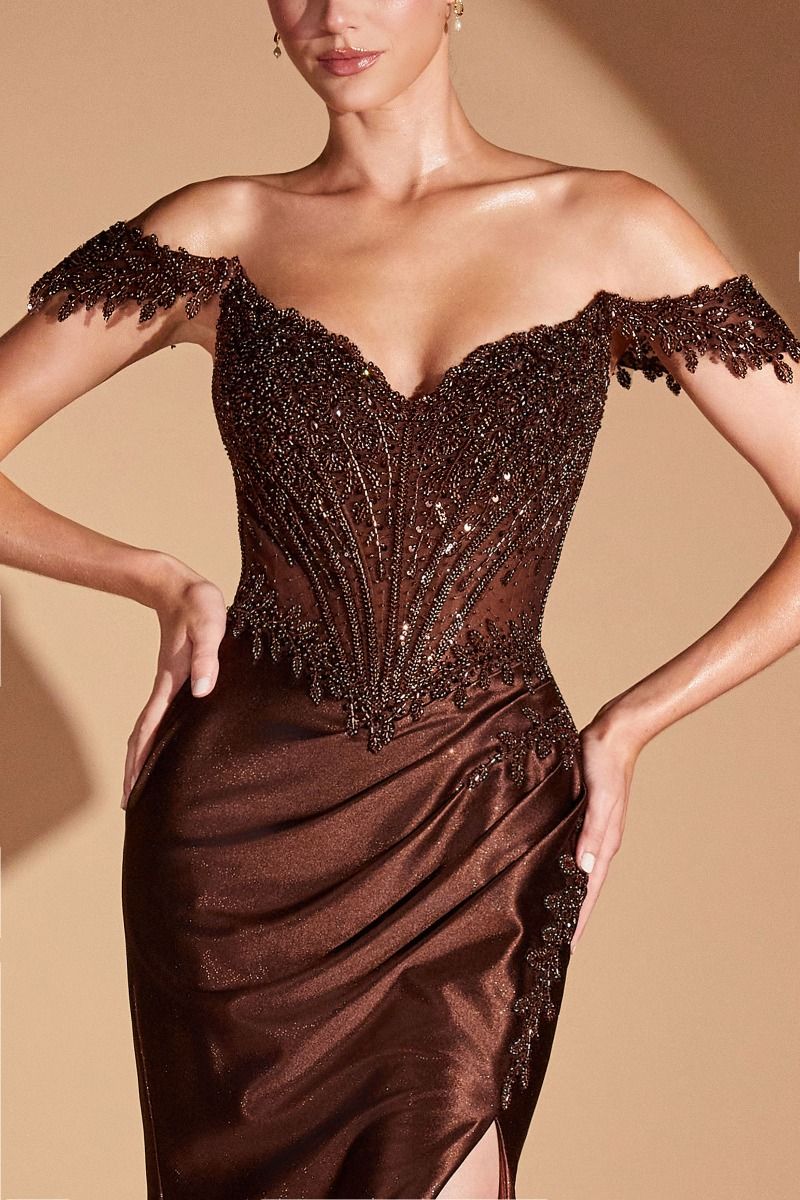 Off The Shoulder Leg Slit Gown By Ladivine CC456 - Women Evening Formal Gown - Special Occasion