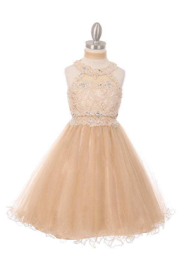 Halter Beaded Rhinestone Tulle Dress by Cinderella Couture USA 5040