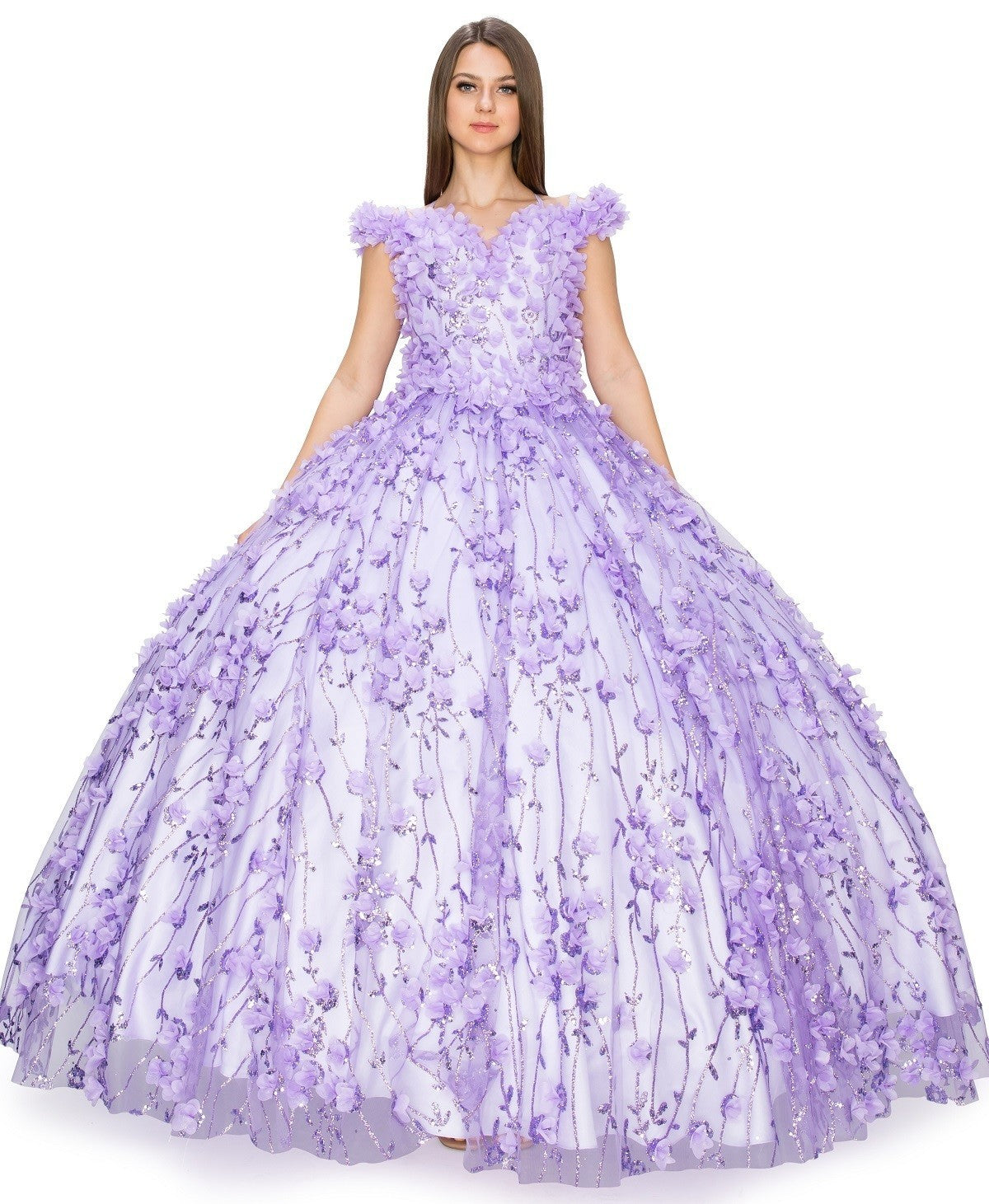 Off the Shoulder Floral Tulle Quinceanera Dress by Cinderella Couture USA AS8021J-LIlac