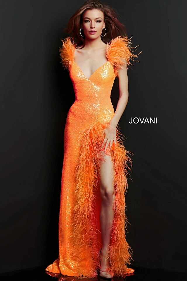 Jovani 06164 Fitted Sequin V-Neckline Feather Dress - Special Occasion