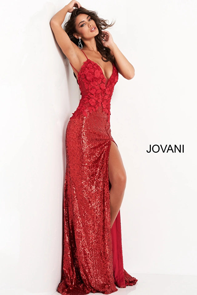 Jovani 06426 Floral Appliques Sequin High Slit Dress - Special Occasion/Curves