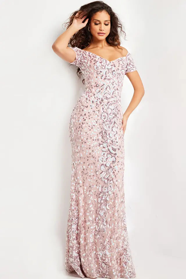 Jovani 07458 Sequin Embellished Off the Shoulder Sleeve Dress - Special Occasion/Curves