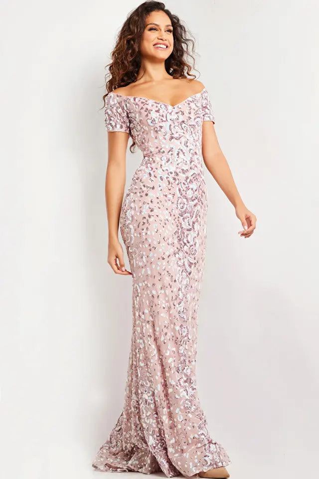 Jovani 07458 Sequin Embellished Off the Shoulder Sleeve Dress - Special Occasion/Curves