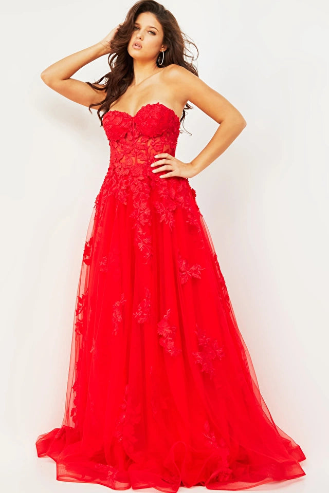 Jovani 07901 Lace Appliques Strapless Prom Gown - Special Occasion/Curves