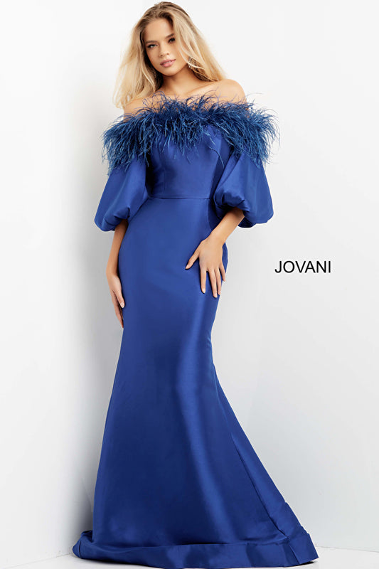 Jovani 08356 Off the Shoulder Feather Neckline Long Sleeve Evening Dress - Special Occasion/Curves