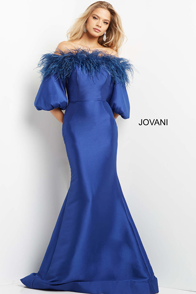 Jovani 08356 Off the Shoulder Feather Neckline Long Sleeve Evening Dress - Special Occasion/Curves