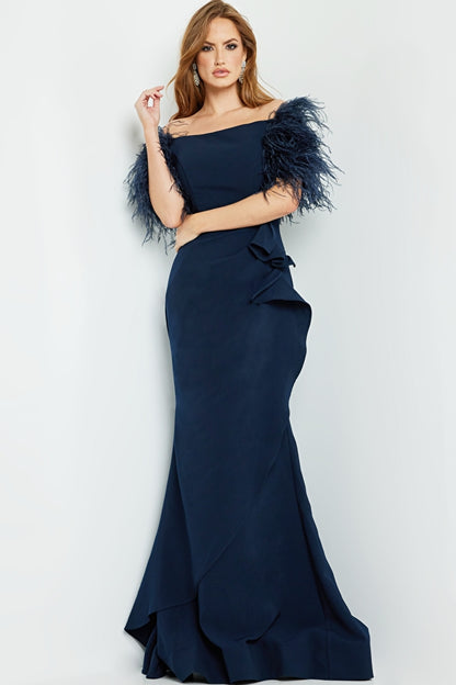 Jovani 09154 Off The Shoulder Feather Sleeve Long Gown - Special Occasion/Curves