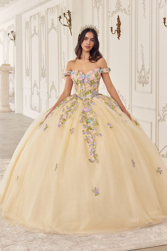 Multi Colored Floral Off Shoulder Gown by Cinderella Divine 15724 - Quinceanera