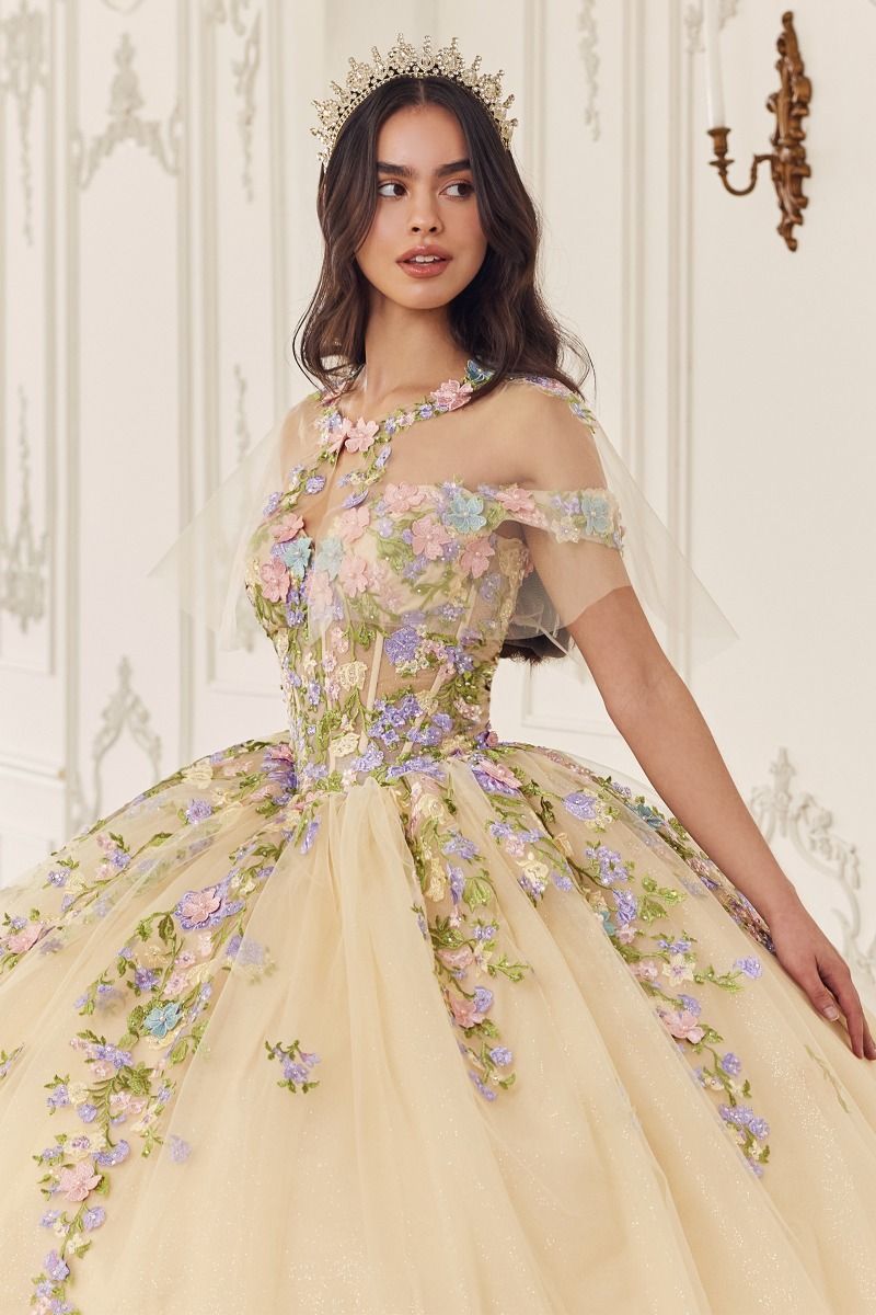 Multi Colored Floral Off Shoulder Gown by Cinderella Divine 15724 - Quinceanera