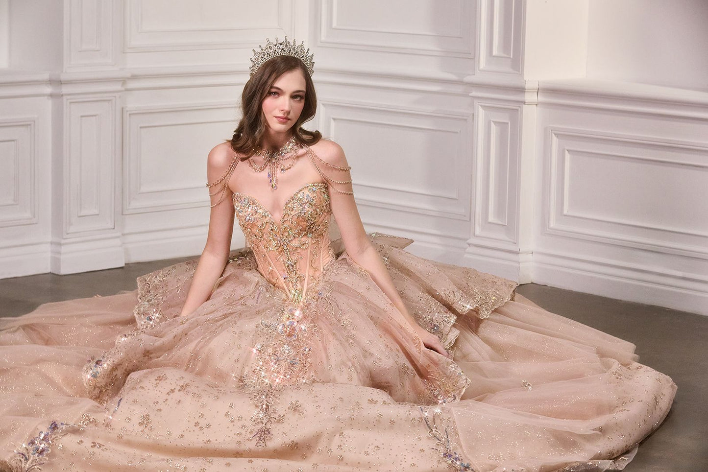 Draped Beaded Shoulder Sweetheart Neckline Quinceanera Dress By Ladivine 15727