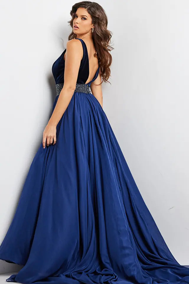 Jovani 26201 Embellished Belt V-Neck Gown - Special Occasion