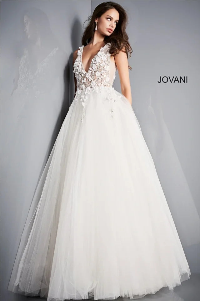 Jovani 3110 Floral Embellished V-Neckline A-Line Gown - Special Occasion/Curves