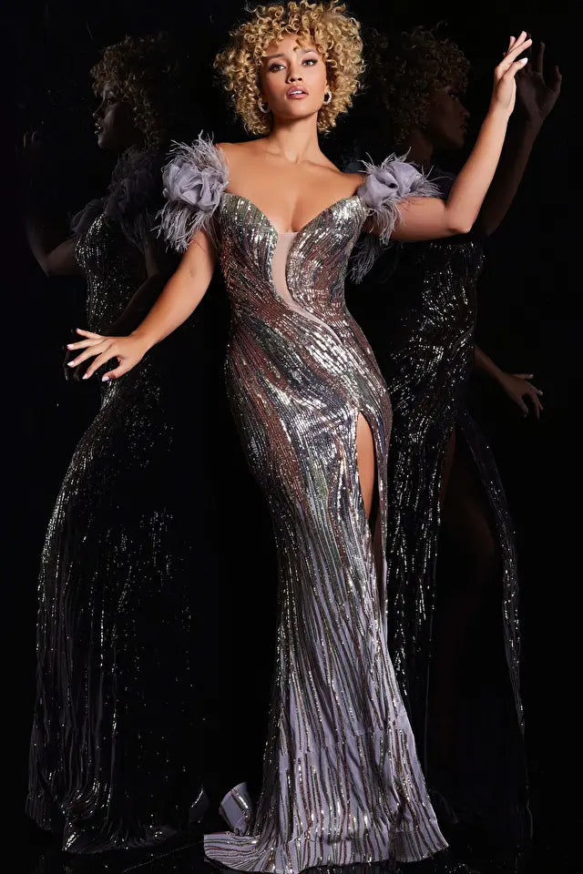 Jovani 38679 Off The Shoulder Feather Dress - Special Occasion/Curves