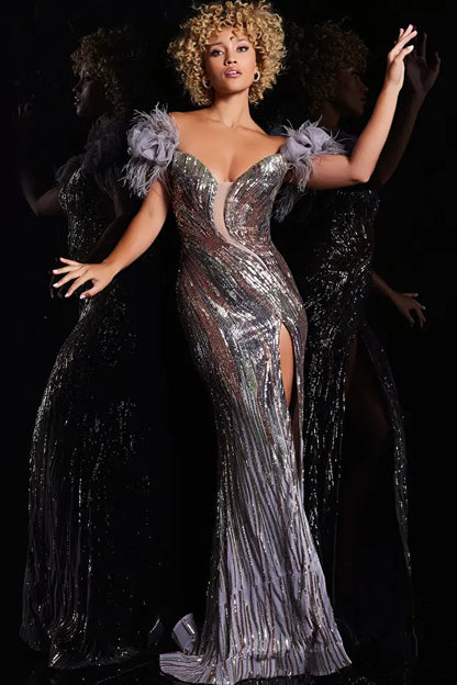 Jovani 38679 Off The Shoulder Feather Dress - Special Occasion/Curves