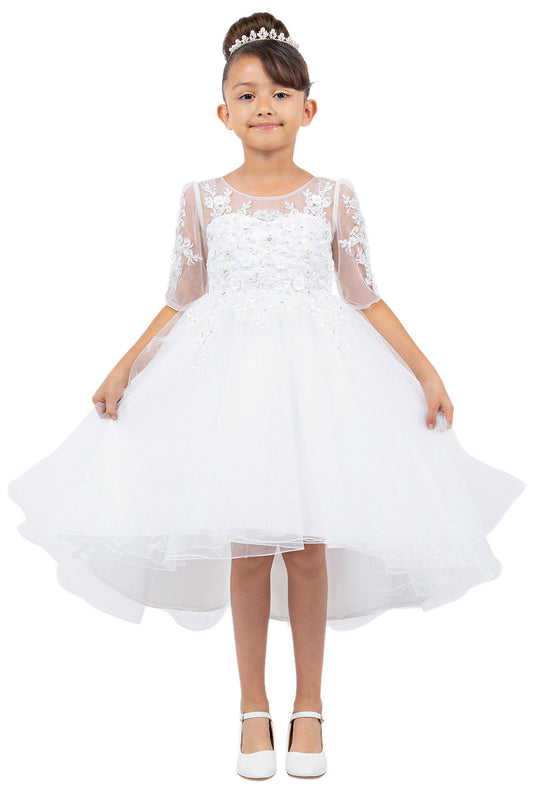 3/4 Sleeve Illusion High Low Flower Girl Dress by Cinderella Couture USA AS5128