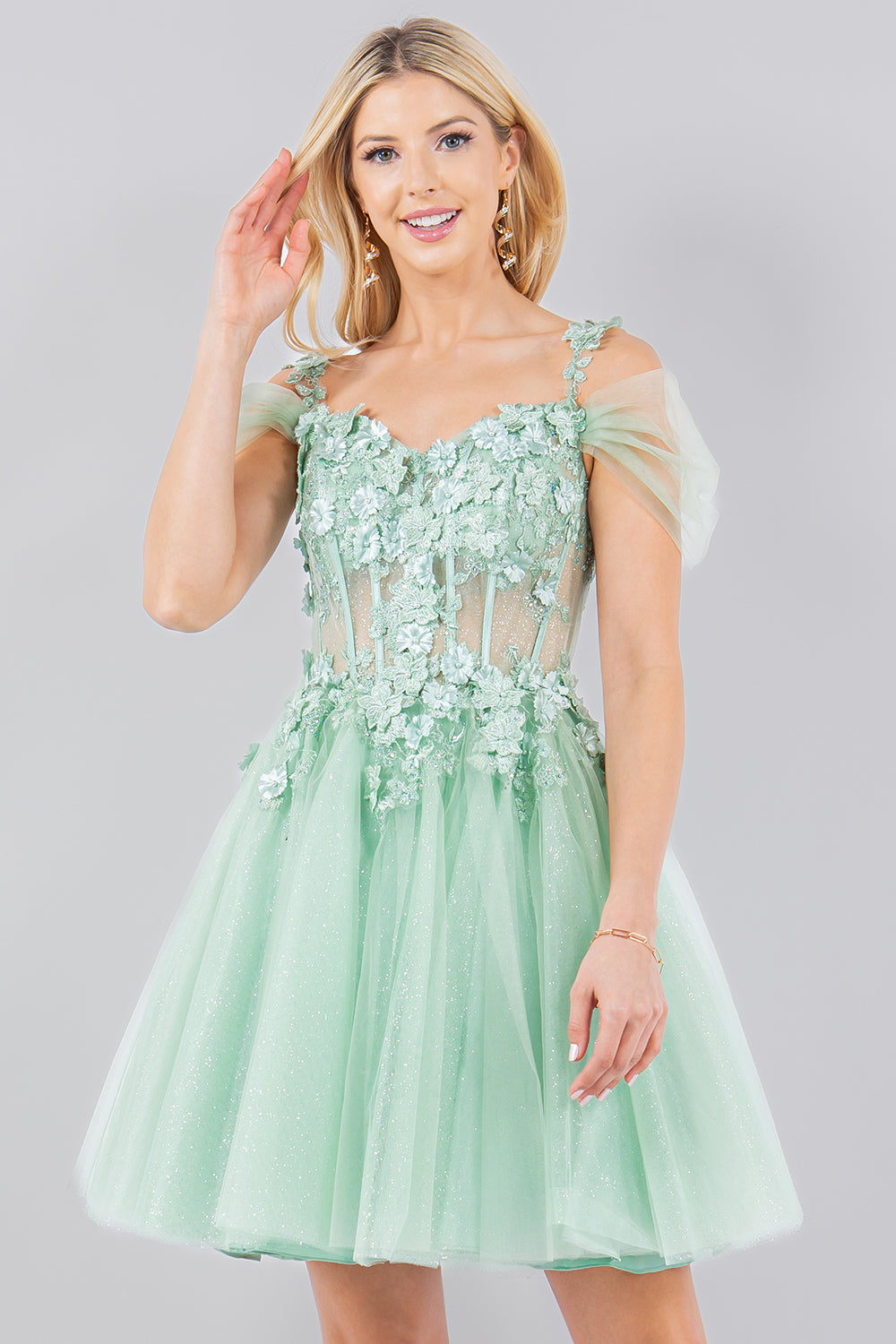 3D Flowers Shoulder Strap Short Party Dress by Cinderella Couture USA AS5134J