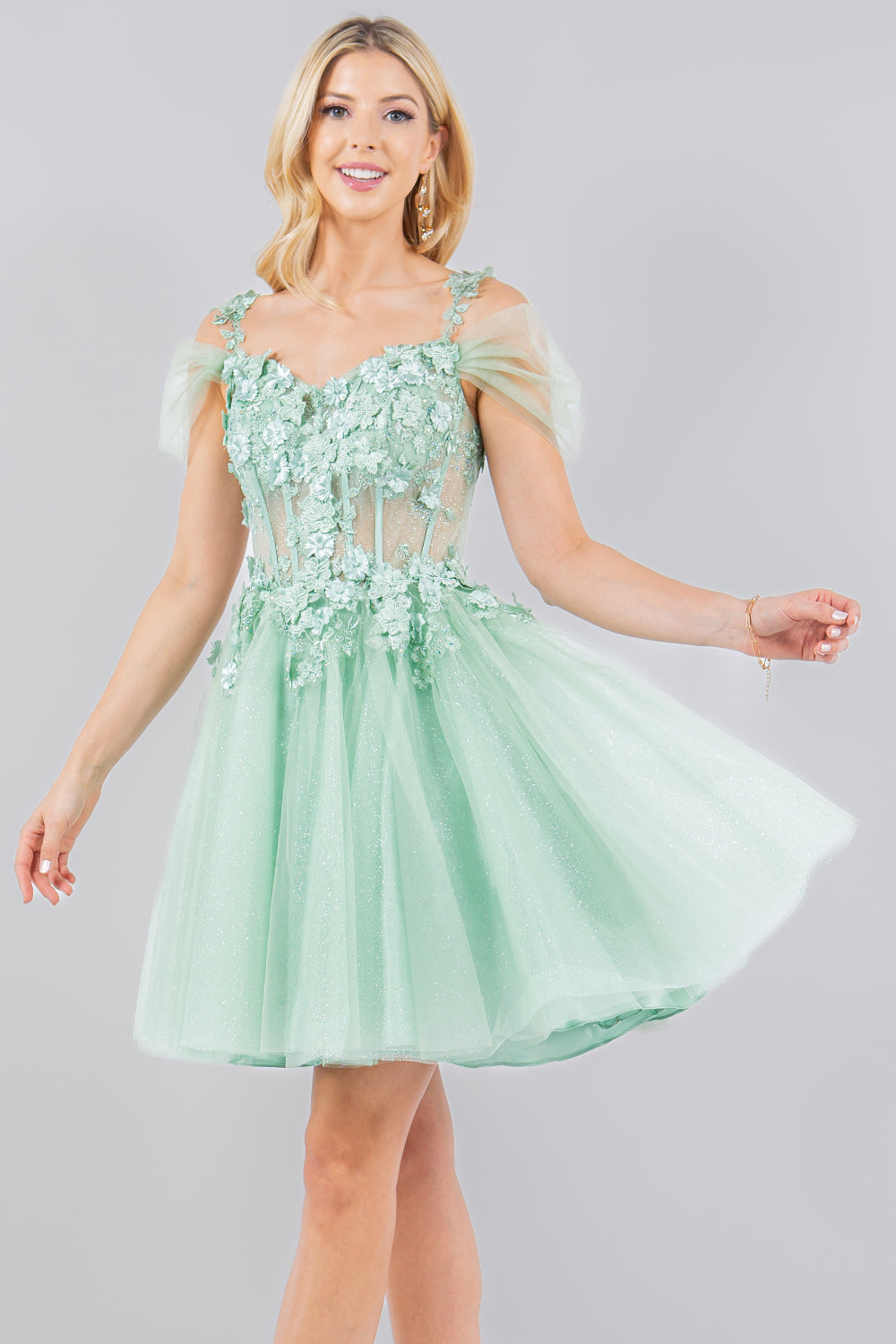 3D Flowers Shoulder Strap Short Party Dress by Cinderella Couture USA AS5134J