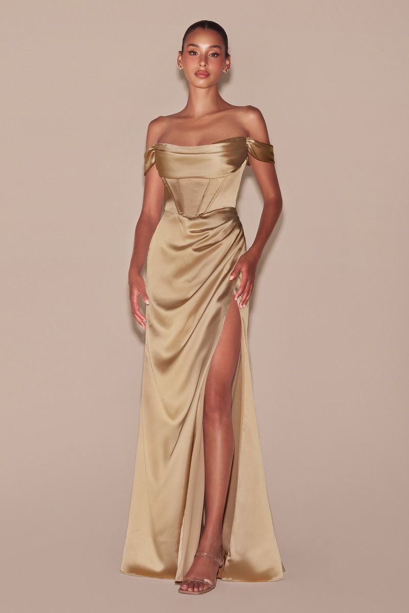 Satin Off the Shoulder Corset Slit Women Evening Gown By Ladivine 7492 - Special Occasion