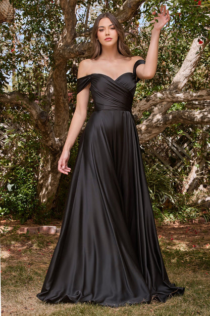 Off The Shoulder Satin A-Line Slit Gown By Ladivine 7493C - Curves