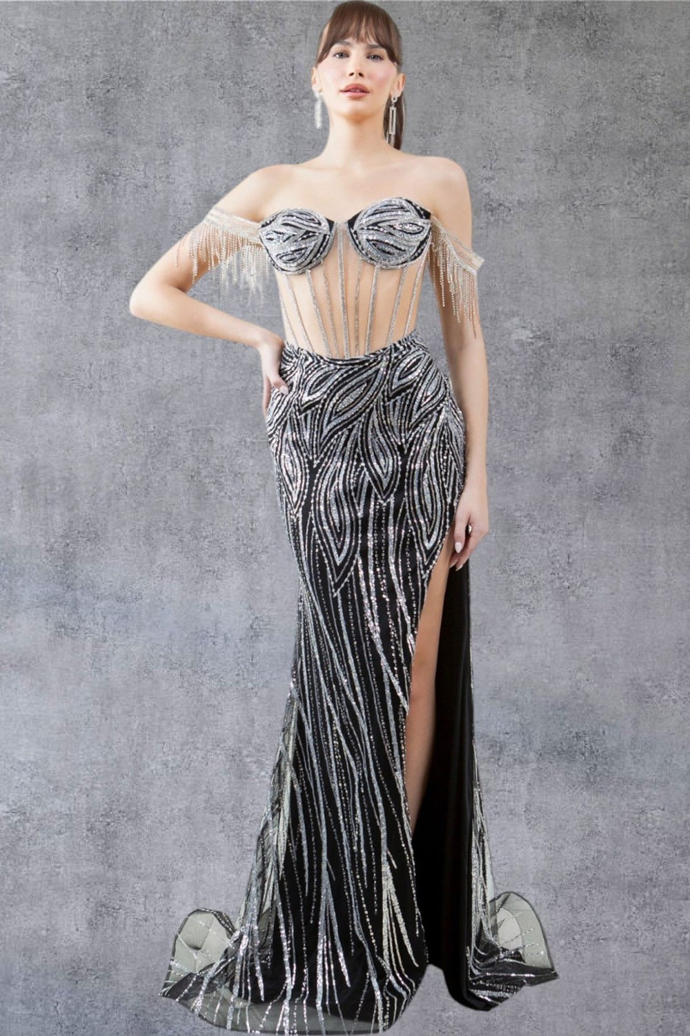 Strapless Off Shoulder Leg Slit Party Dress by Cinderella Couture USA AS8147J