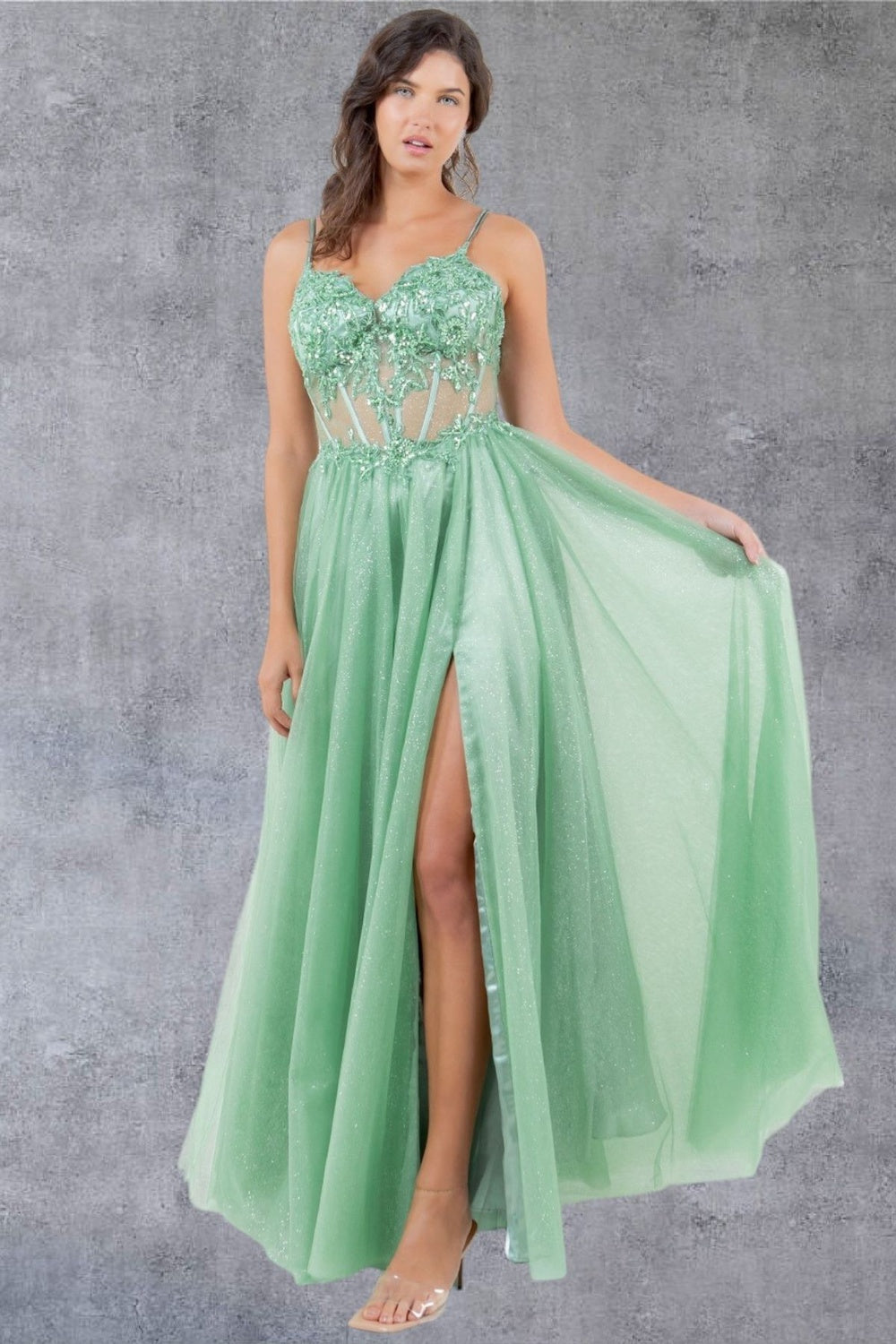 Glitter V-Neckline A-Line Party Dress by Cinderella Couture USA AS8238J