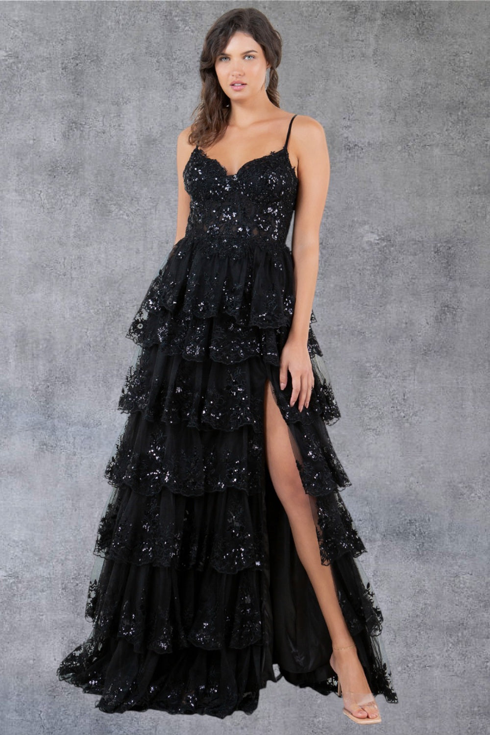 Sequin A-Line Leg Slit Party Dress by Cinderella Couture USA AS8248J