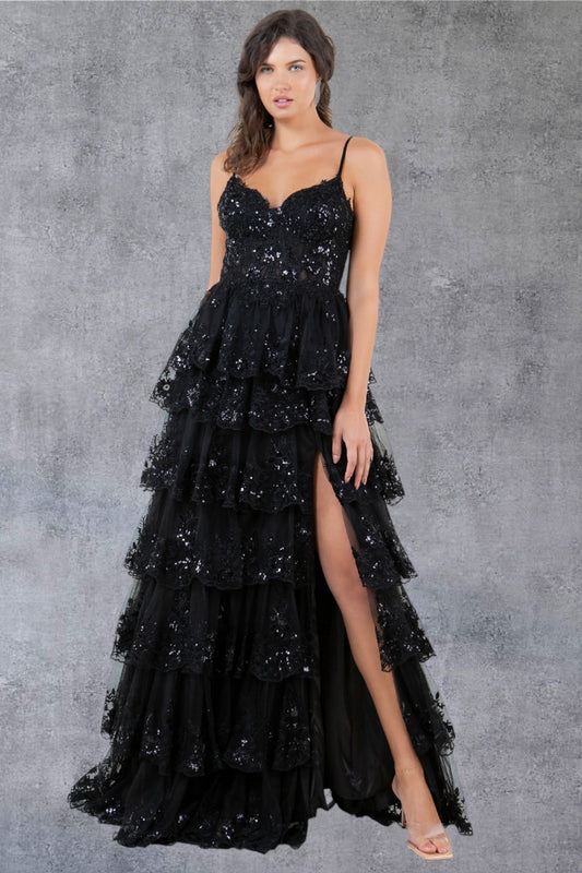 Sequin A-Line Leg Slit Party Dress by Cinderella Couture USA AS8248J