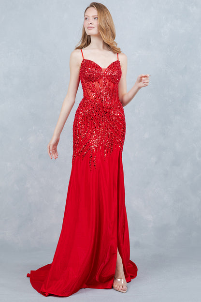 Spaghetti Straps High Side Slit Dress by Cinderella Couture USA AS8329J