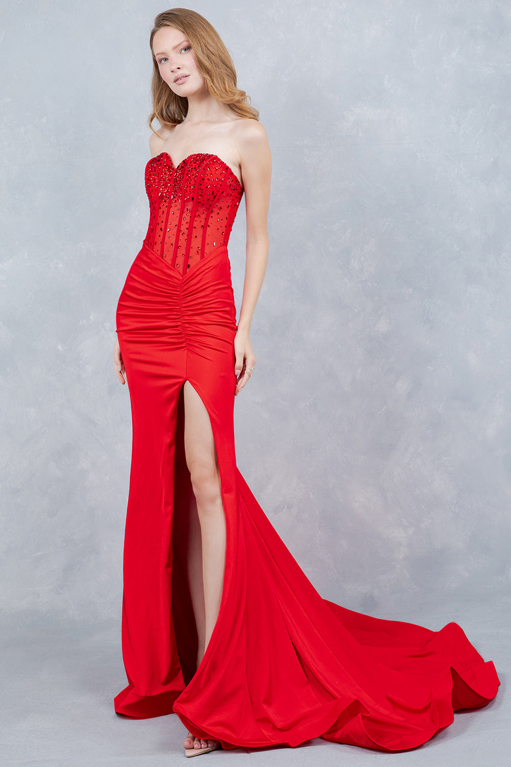 Strapless Sparkle Leg Slit Dress by Cinderella Couture USA AS8443J