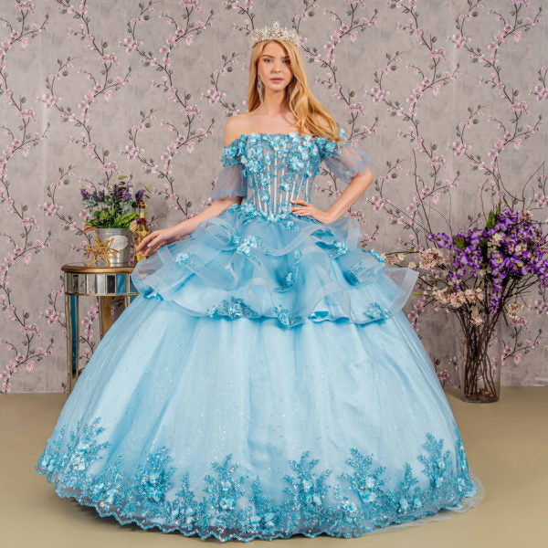 3-D Flower Applique Straight Across Neckline Quinceanera Dress by Elizabeth K - GL3180