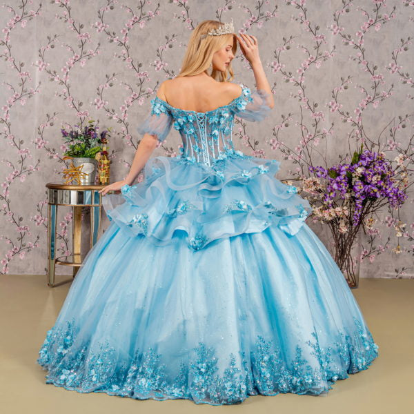 3-D Flower Applique Straight Across Neckline Quinceanera Dress by Elizabeth K - GL3180