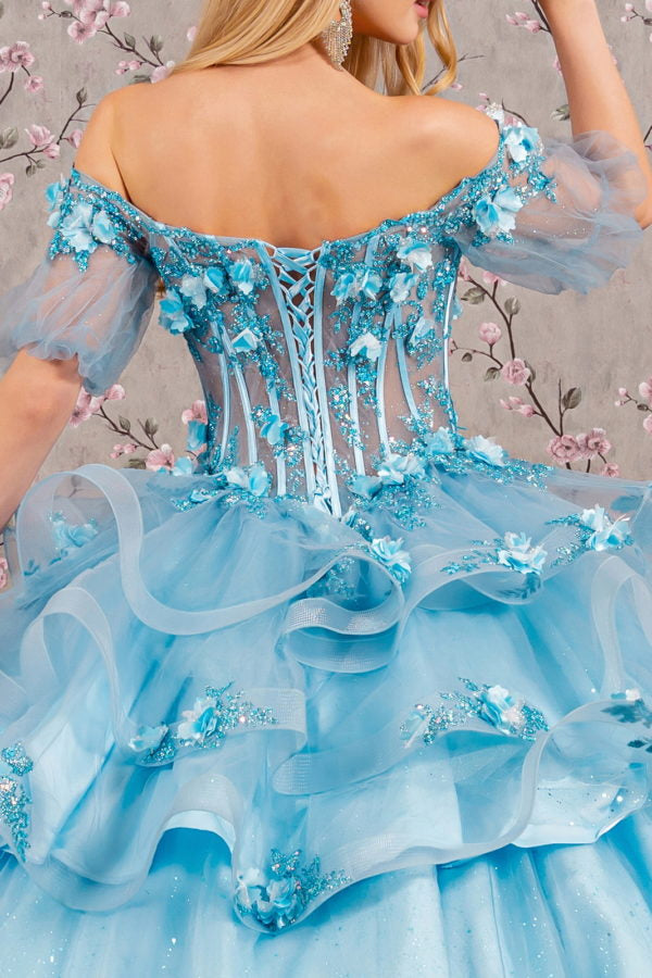 3-D Flower Applique Straight Across Neckline Quinceanera Dress by Elizabeth K - GL3180