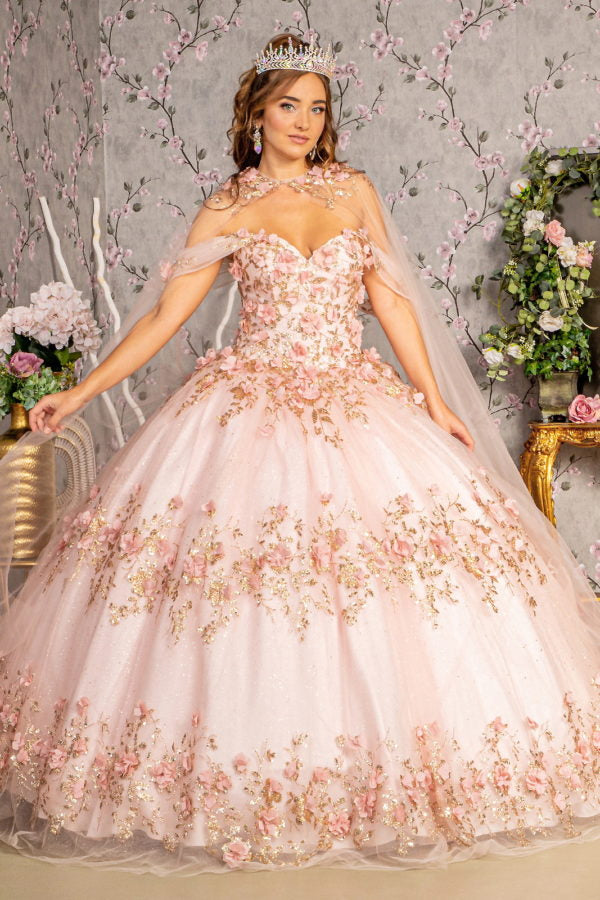 Glitter 3-D Flower Off Shoulder Quinceanera Dress by Elizabeth K - GL3179