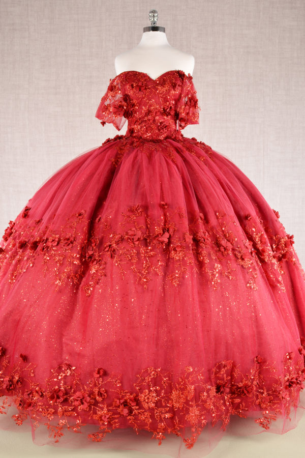 Glitter 3-D Flower Off Shoulder Quinceanera Dress by Elizabeth K - GL3179