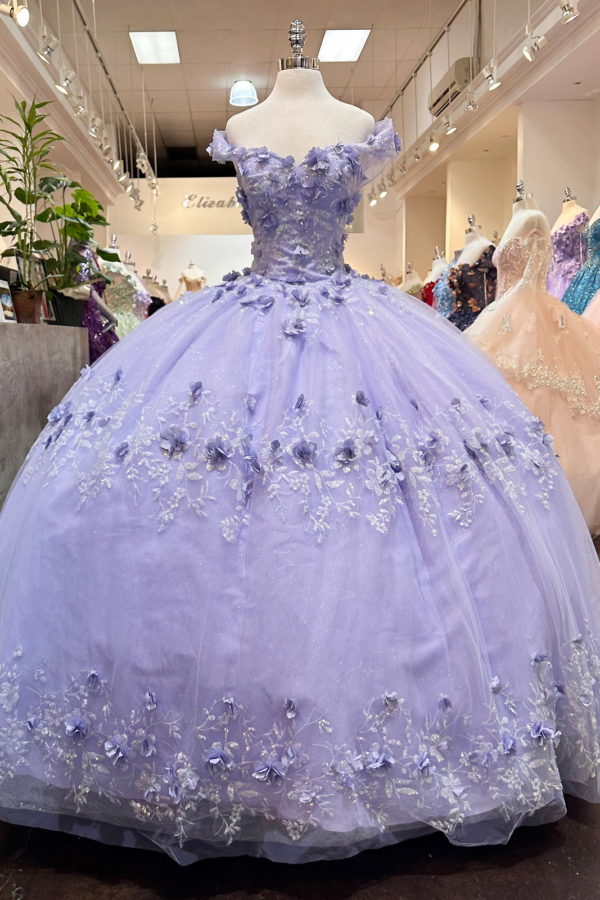 Glitter 3-D Flower Off Shoulder Quinceanera Dress by Elizabeth K - GL3179