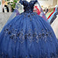 Glitter 3-D Flower Off Shoulder Quinceanera Dress by Elizabeth K - GL3179