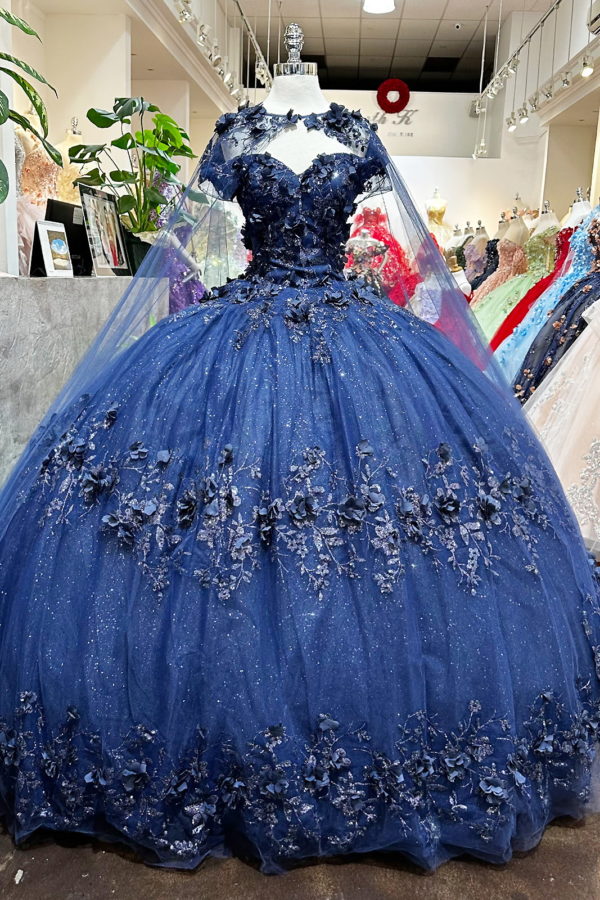 Glitter 3-D Flower Off Shoulder Quinceanera Dress by Elizabeth K - GL3179