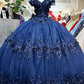 Glitter 3-D Flower Off Shoulder Quinceanera Dress by Elizabeth K - GL3179