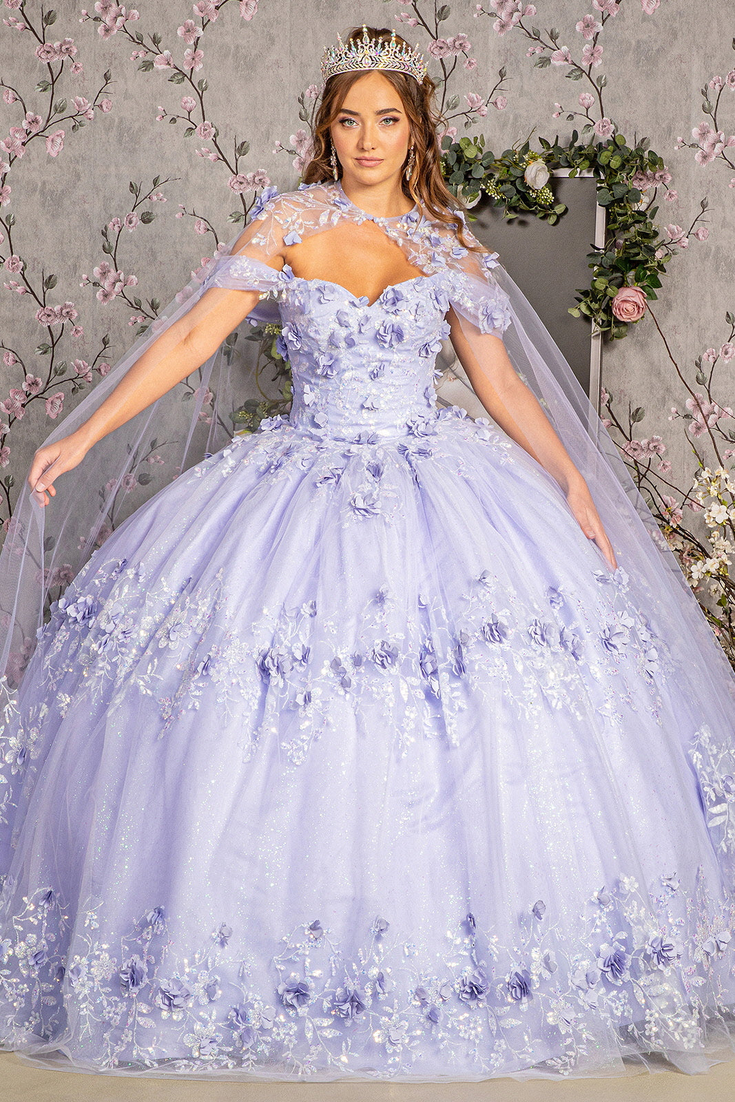 Glitter 3-D Flower Off Shoulder Quinceanera Dress by Elizabeth K - GL3179