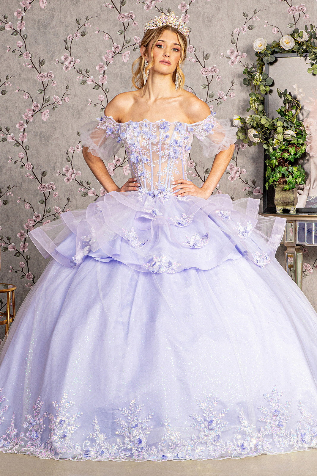 3-D Flower Applique Straight Across Neckline Quinceanera Dress by Elizabeth K - GL3180