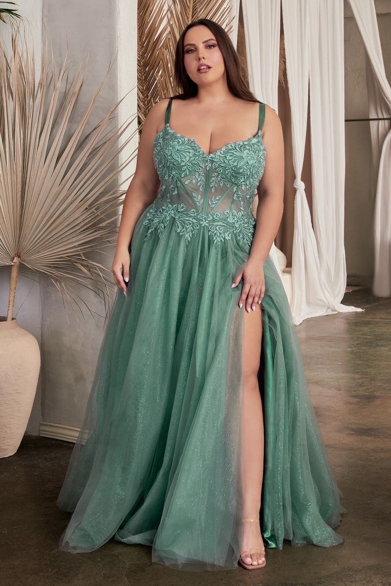 Lace A-Line Tulle Leg Slit Gown by Cinderella Divine C150C - Curves