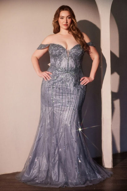 Sequin Off The Shoulder Gown By Ladivine CC341C - Women Evening Formal Gown - Curves