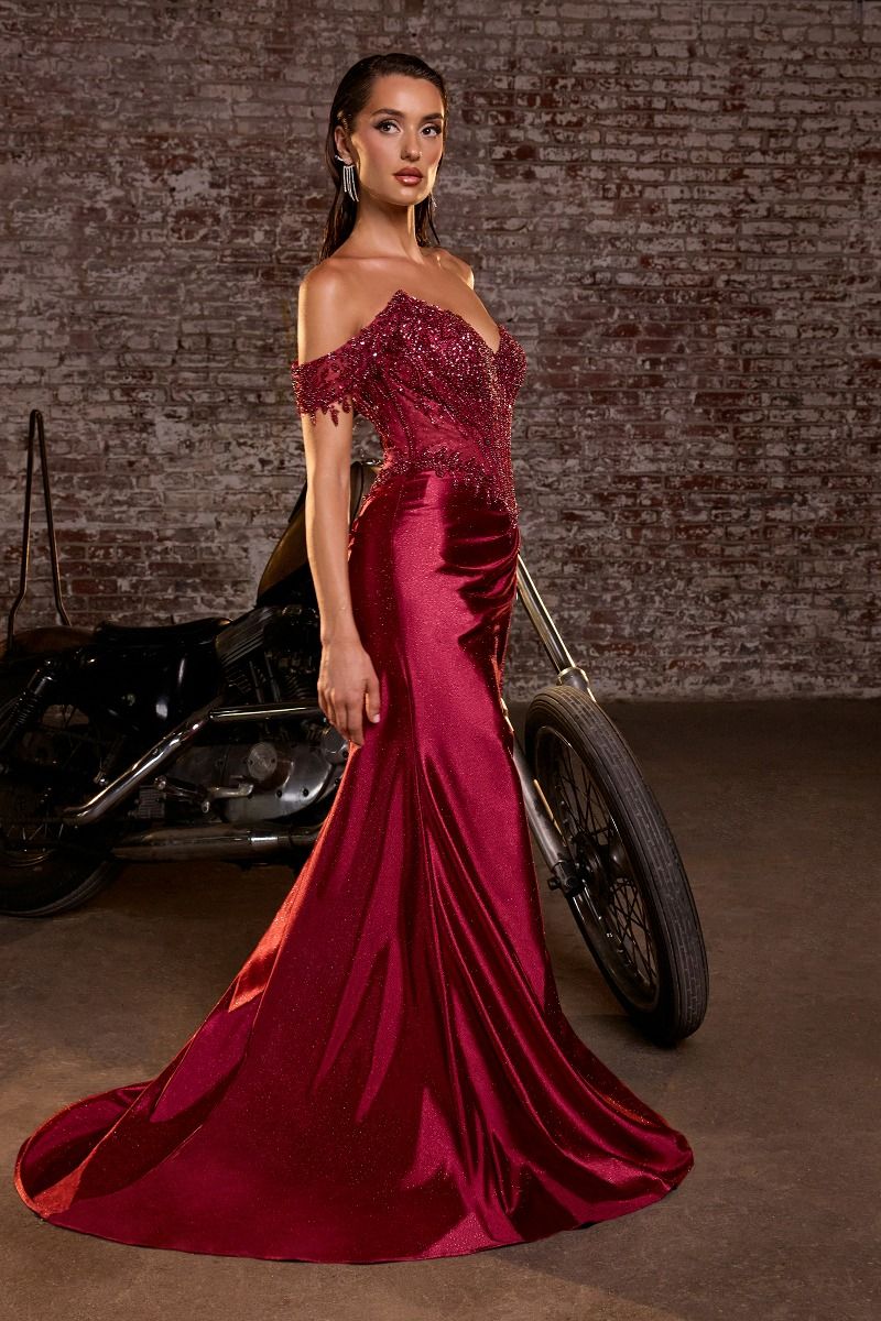 Off The Shoulder Leg Slit Gown By Ladivine CC456 - Women Evening Formal Gown - Special Occasion