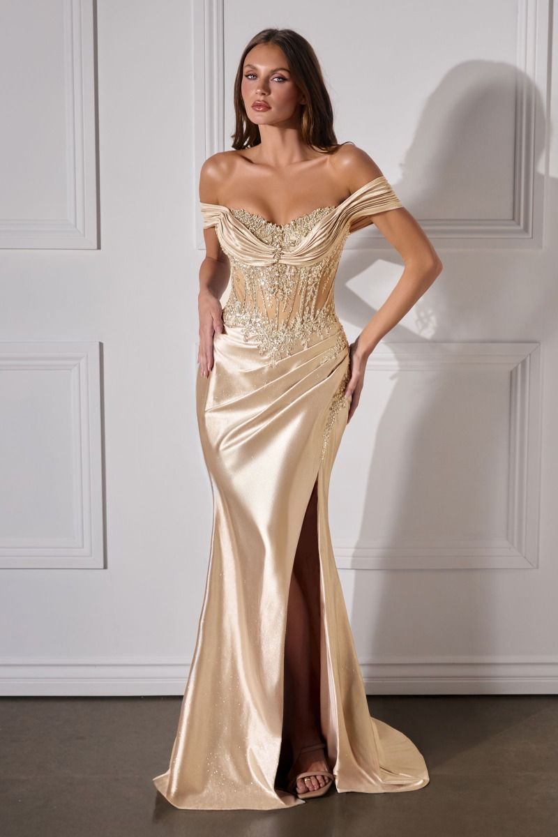 Off The Shoulder High Leg Slit Gown By Ladivine CC494 - Women Evening Formal Gown - Special Occasion