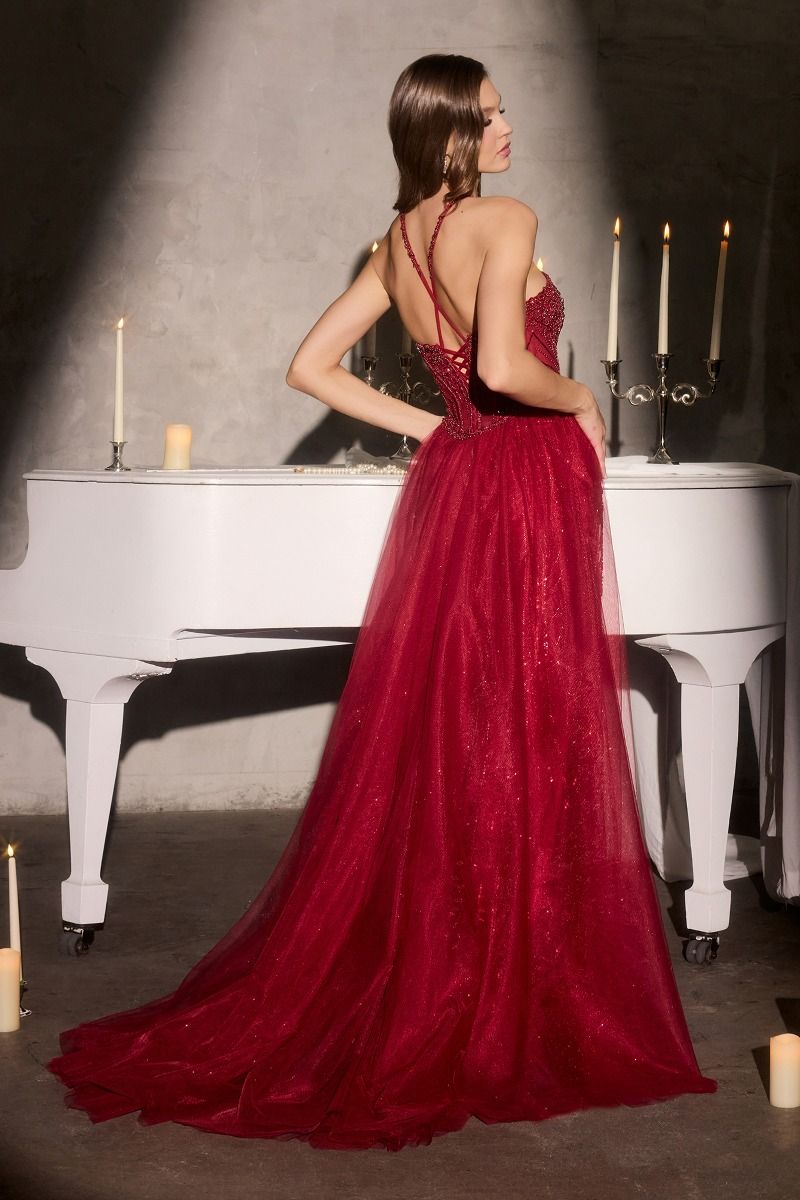 Embellished Halter Crossover Neck Gown By Ladivine CC495 - Women Evening Formal Gown - Special Occasion