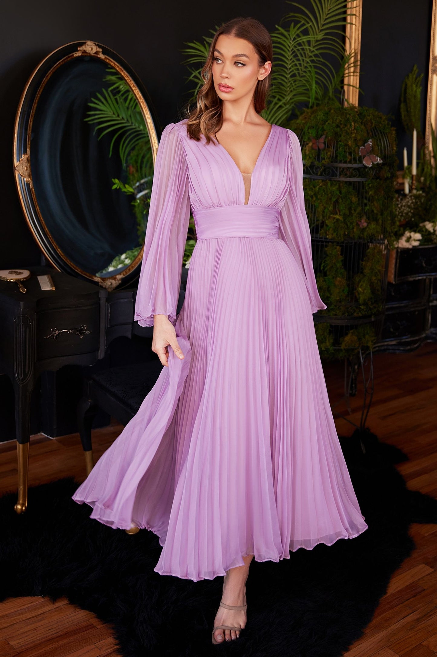 Pleated Chiffon Long Sleeve Tea Length Gown - Women Formal Evening Dress by Ladivine CD242S - Special Occasion/Curves