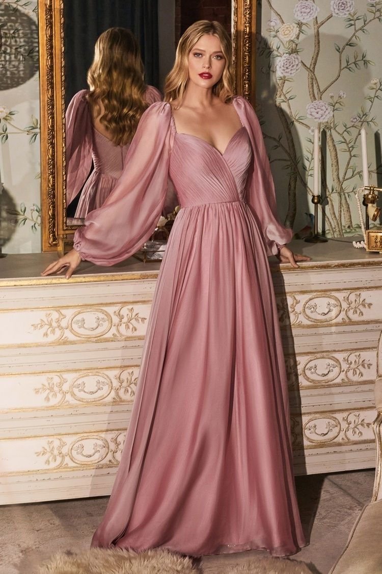 LONG SLEEVE CHIFFON DRESS by Cinderella Divine CD243 - Special Occasion