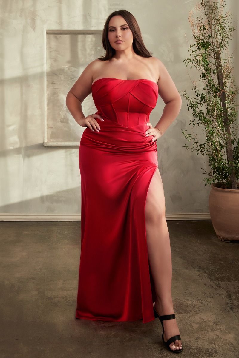 Strapless Soft Satin Leg Slit Gown by Cinderella Divine CD326C - Curves